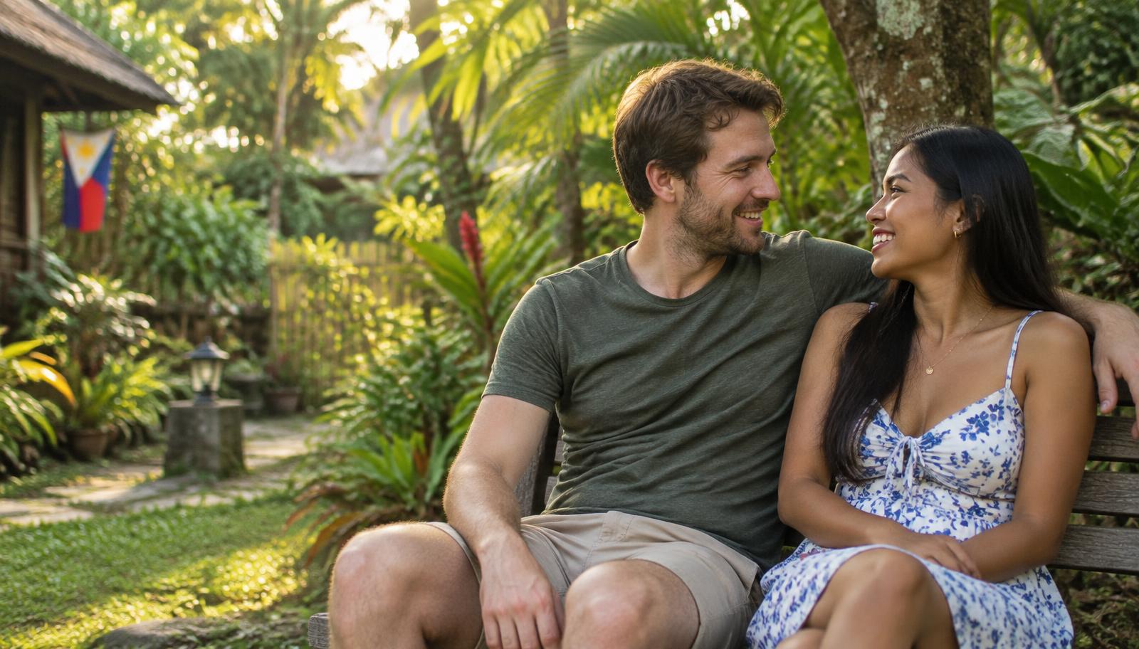 A couple talking in a tropical garden