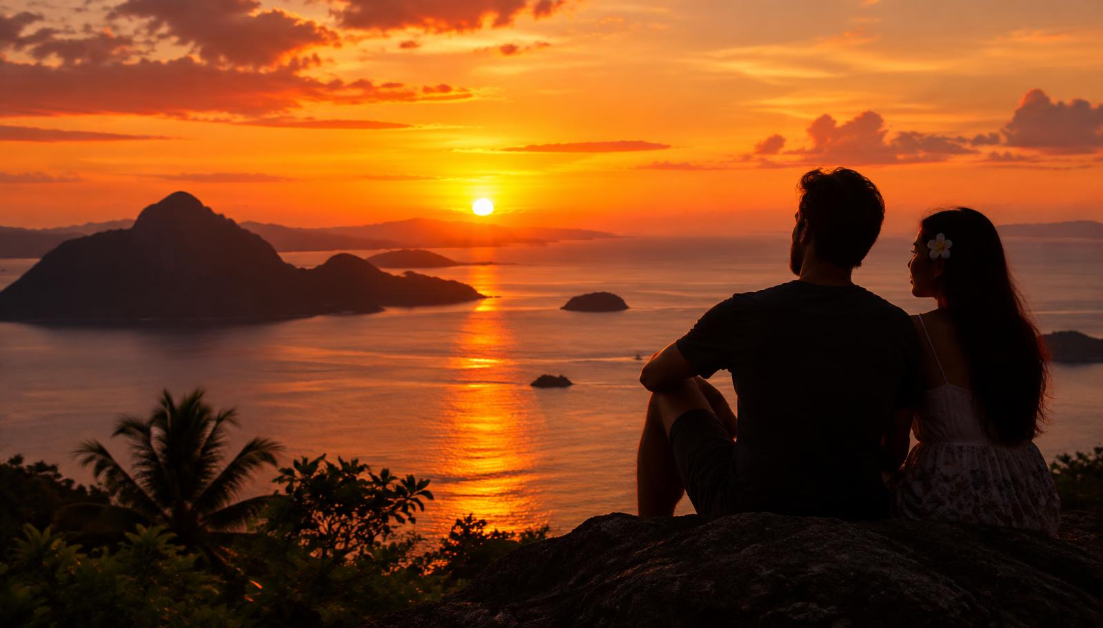 A couple watching the sunset over the islands