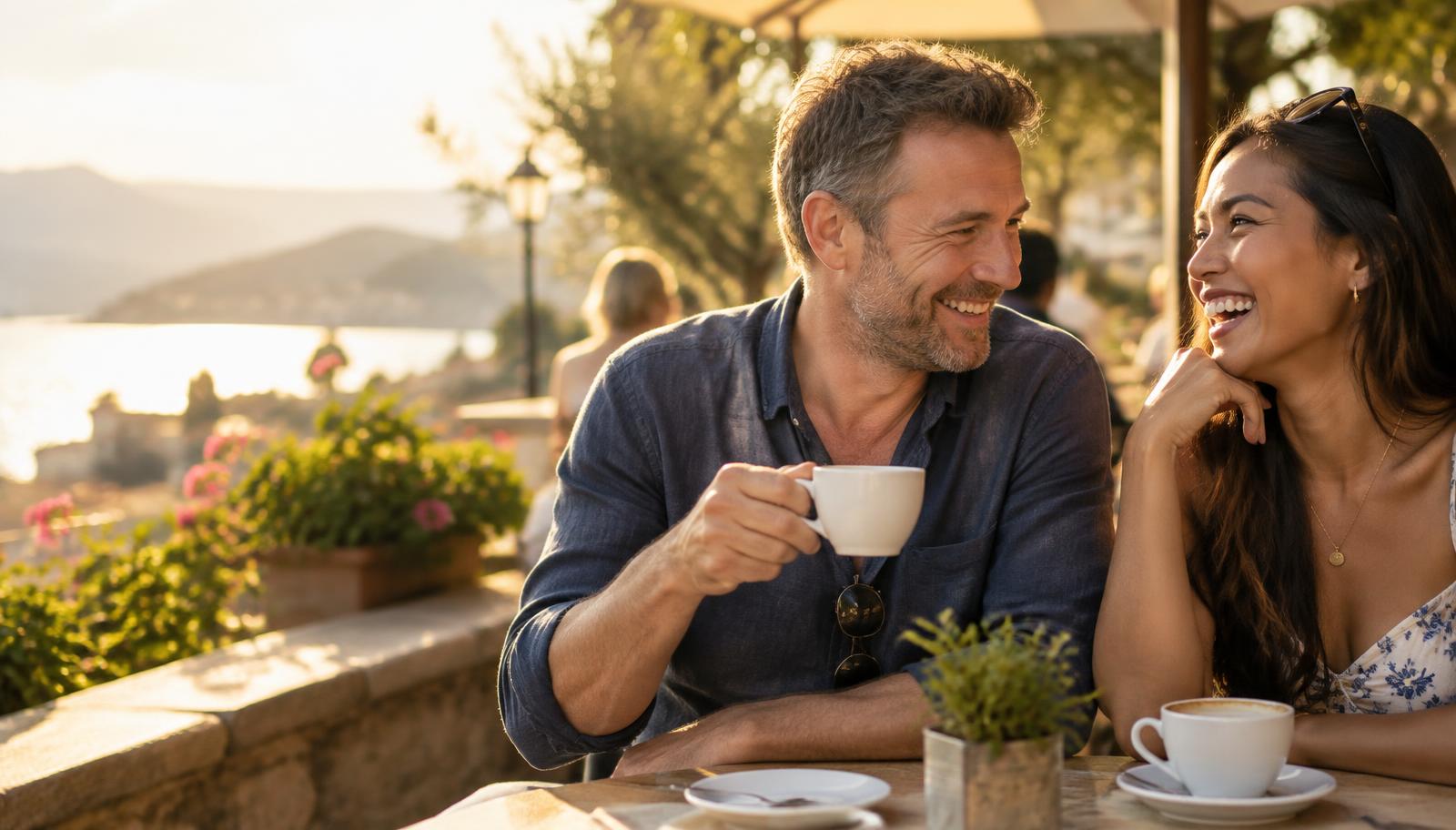 A couple laughing over coffee