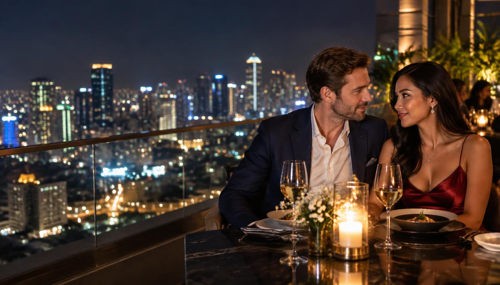 A couple at an elegant rooftop dinner
