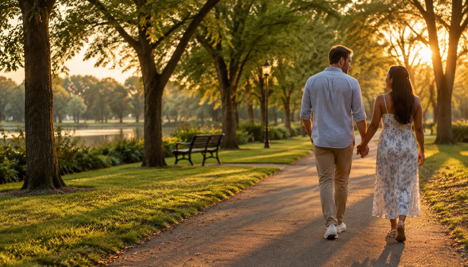 A couple walking hand in hand in a park