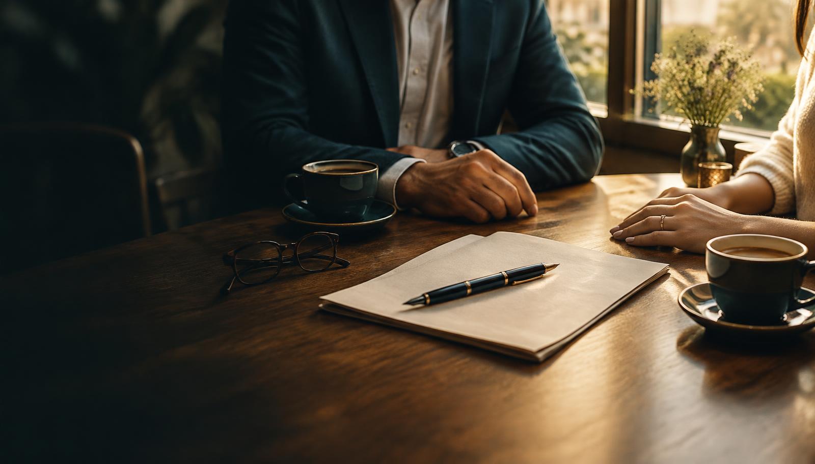A contract and two coffees on a warm wooden table